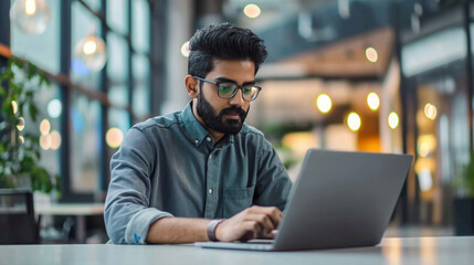 an Indian software engineer working on laptop in modern office, portrait of a man working on laptop 