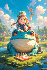 A cute cartoon egg-shaped frog playing chess on a small island in the river, with a blurred background of green grass and trees