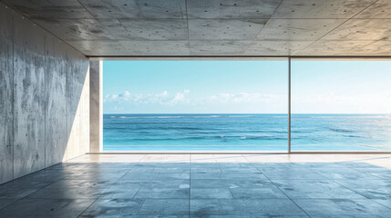 A large empty room with a large window overlooking the ocean. Scene is calm and peaceful, as the ocean