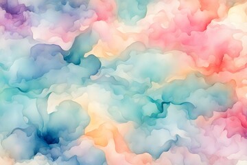A colorful painting of a sky with clouds in various shades of blue, pink