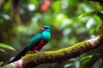 Naklejka premium 'birdwatching background magnificent bird beautiful costa green quetzal forest sacred red mocinno resplendent rica tropic nature savegre pharomachrus jungle habitat wood wildlife wilderness wild very'