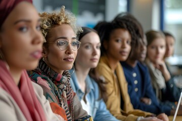 A team of professional women from diverse ethnic backgrounds engaged in a meeting, with a focus on one individual, representing inclusivity and collaboration in the modern workplace