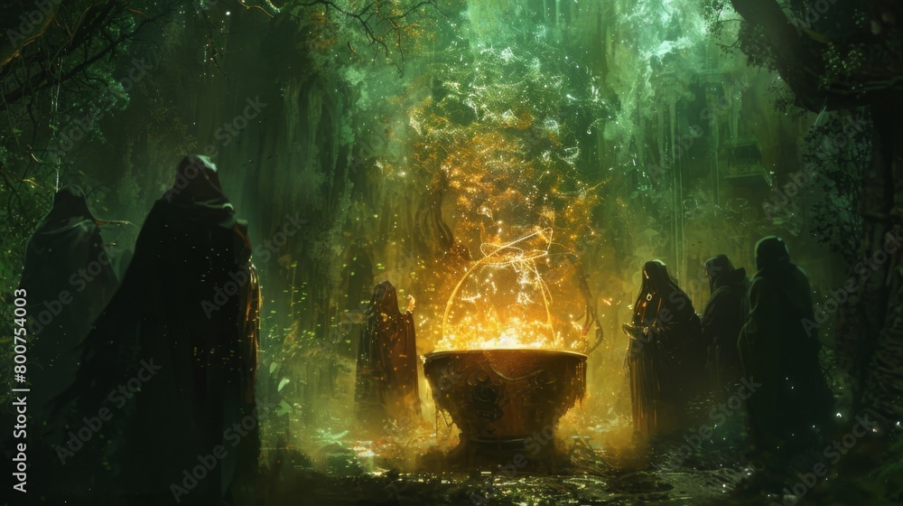 Poster in a hidden laboratory deep within the forest a group of robed figures huddle around a large cauldro