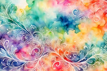 A colorful painting of flowers and leaves with a rainbow background