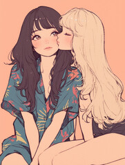 Two cute anime schoolgirls sitting on the ground, one with long dark hair wearing an oversized shirt kissing her friend's cheek