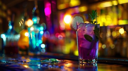 Through the dimly lit room the vibrant colors of the mocktails shine adding to the festive and dynamic atmosphere. - obrazy, fototapety, plakaty