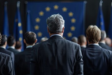 Obraz premium Back view of government representatives during a session in the EU parliament chamber.