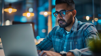 an Indian software engineer working on laptop in modern office, portrait of a man working on laptop 