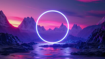3d render. Abstract background with round geometric shape. Fantastic landscape with glowing neon ring and mountains