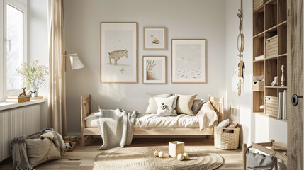 A bedroom with a wooden bed and a white wall. The room has a cozy and warm atmosphere