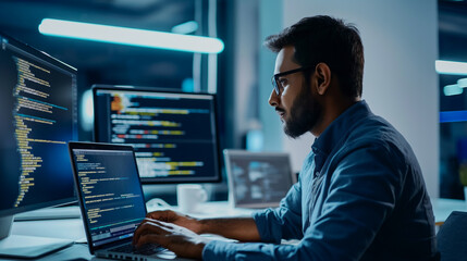 an Indian software engineer working on laptop in modern office, portrait of a man working on laptop 