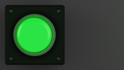 3D rendering of green button on gray background.