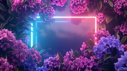 3d rendering of glowing neon frame on spring flowers background. Purple, blue and blue colors.