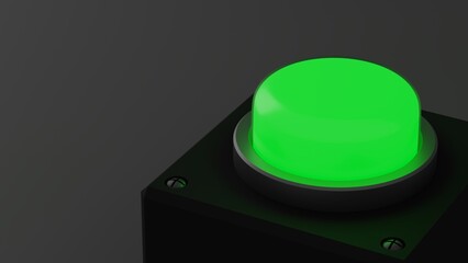 3D rendering of green button on gray background.