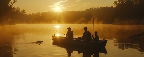 A heartwarming scene of multigenerational joy as grandparents, parents, and children bond over a fishing trip on a serene lake at dawn