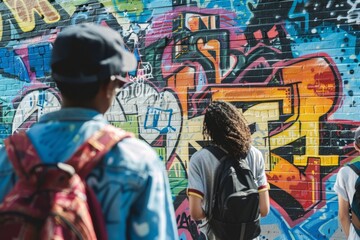 Naklejka premium A Diverse Group of Teenagers of Various Sizes and Backgrounds Uniting Through the Colorful World of Graffiti Art on a Sunlit Urban Wall