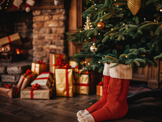 close up view of sock in house near christmas tree with a lot of present and christmas decoration ,...