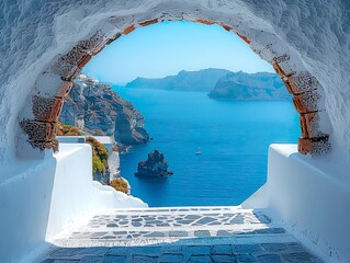 An arched gateway overlooking the Aegean Sea in Oia