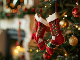 close up view of sock in house near christmas tree with a lot of present and christmas decoration ,...