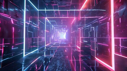 Obraz premium 3d render, abstract background, ultraviolet neon light, holographic technology, tunnel, rounded square frames, virtual screen, space portal, virtual reality environment, pink blue spectrum, laser show