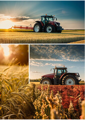 Obraz premium organic rustic grain land farming, sunset sunrise, with harvester tractor. Field ready for harvest. Set of farm themes photos, with positive, beautiful themes. Natural fields of agriculture.