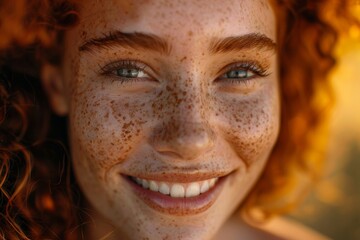 Radiant Glow: A Close-Up Portrait of a Joyful Individual with a Myriad of Freckles, Celebrating Their Natural Skin Bathed in the Warmth of Sunlight