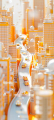 3D rendering miniature scene design, Tall buildings, A winding urban road runs through the middle, a lot of cars on the road, transparent material pipeline transports materials