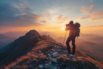 A Resilient Photographer Braving the Early Morning Chill to Capture the Majestic Sunrise from a Rugged Mountain Trail