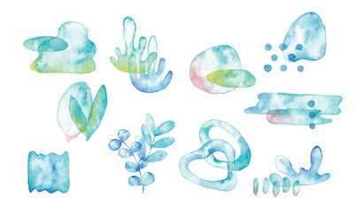 水彩画。水彩タッチのベクターグラデーションフレーム。夏の涼しげ落書き背景。幾何学。Watercolor. Vector gradient frame with watercolor touch. Cool summer graffiti background. Geometry.