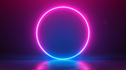 Abstract neon background with fluorescent ring, blank frame. Simple geometric shape. Laser line glowing with pink blue light