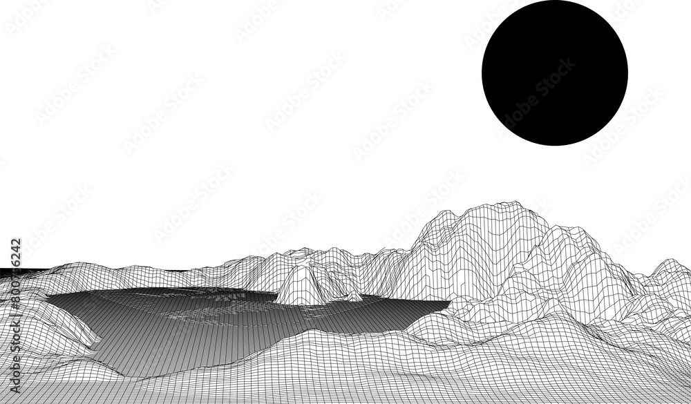 Poster mountain line art background vector. minimal landscape art with line texture and moon. abstract art 
