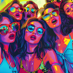 Pop art style influencer taking a group selfie at a fun, vibrant party