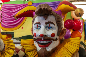 Colorful parade floats from Mardi Gras parades inside of Blaine Kern Mardi Gras World in New...