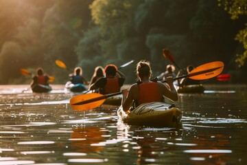 A Vibrant Display of Unity and Strength: A Group of Friends with Diverse Abilities Joyfully Kayaking Together in the Sunlit Waters