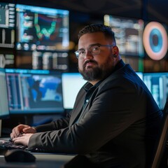 A Confident Plus-Size Cybersecurity Expert Diligently Works Behind Multiple Screens to Safeguard Sensitive Data from Potential Threats
