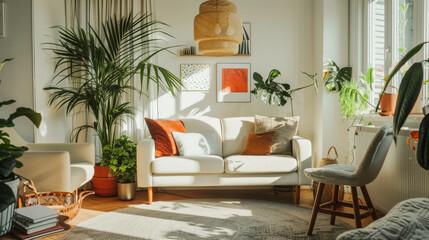 A living room with a white couch, a chair, and a potted plant. The room is bright and inviting, with a lot of natural light coming in from the windows. The plants add a touch of greenery