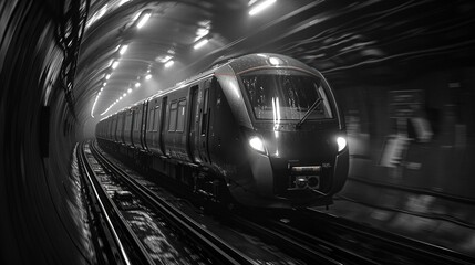 Naklejka premium A modern train travels in a tunnel underground. Modern aesthetic background. Subway in the metropolis. Generative AI