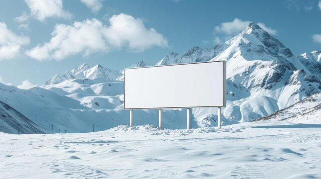 Blank mockup of a modern ski resort sign with a geometric mountain design and bold font. .