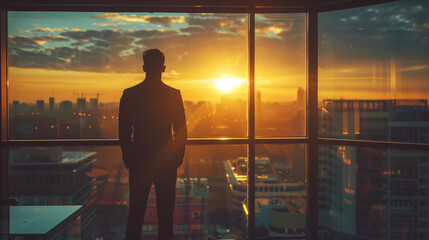 A man in a suit is looking out a window at the sun setting over a city