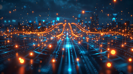 A cityscape with a lot of lights and a lot of dots