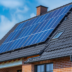 Fototapeta premium Eco-Friendly House Roof with Solar Panels for Generating Clean Energy