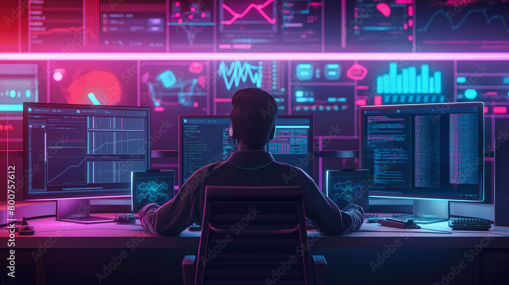 Poster man working on cyber security, ethical hacker cyber security expert