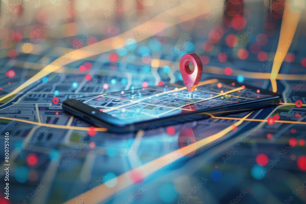 Poster realistic phone with location pin on a map showing road. generate ai image