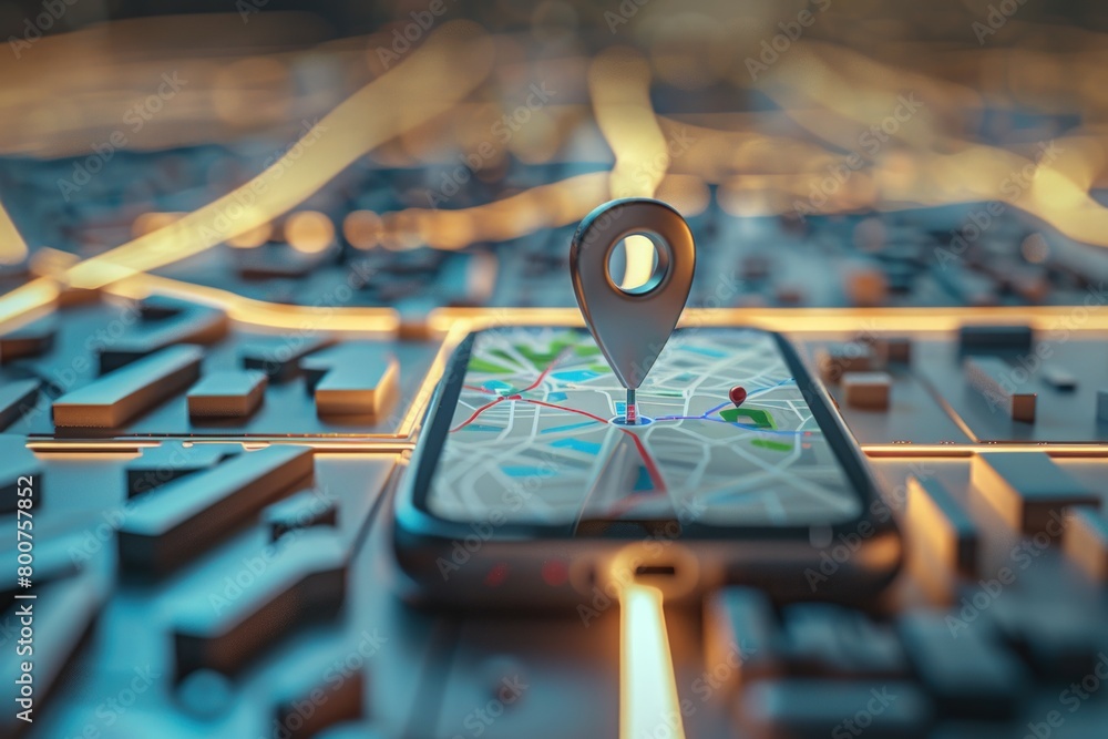 Poster realistic phone with location pin on a map showing road. generate ai image