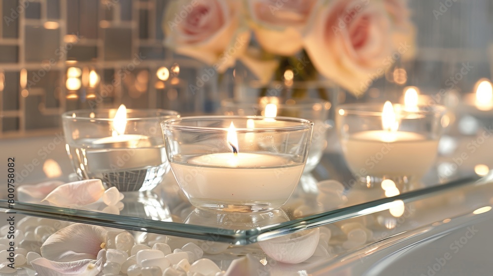 Poster delicate floating candles in glass containers are displayed on the tiered platforms adding an ethere