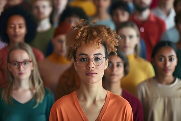 Obraz premium A young woman standing confidently at the forefront, with a diverse crowd of people softly focused in the background, epitomizing individuality within a collective