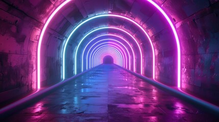 Vibrant Neon Background Glowing Purple Blue Pink Violet Path Track Gate Entrance Sci Fi Futuristic Virtual Reality Dark Tunnel Concrete Grunge Reflective Laser Lights 3D Rendering Illustration