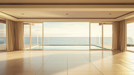 A large open living room with a view of the ocean. The room is empty and has a clean, modern look