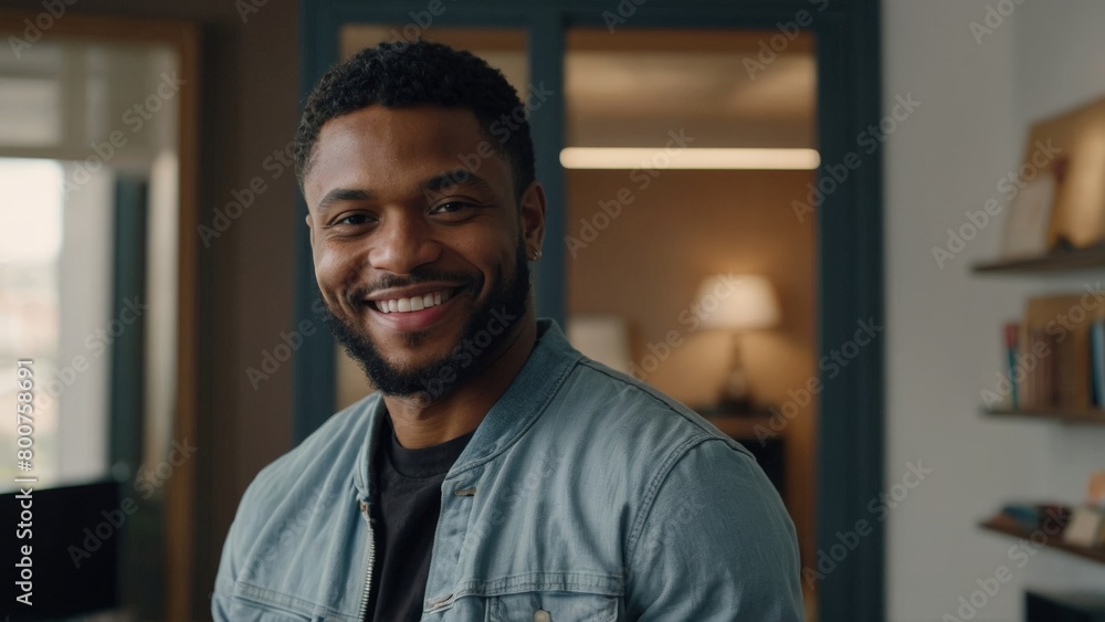 Wall mural smiling cheerful young adult african american ethnicity man in casual attire looking at camera stand