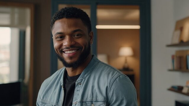 Smiling Cheerful Young Adult African American Ethnicity Man In Casual Attire Looking At Camera Standing At Home Office Background. Happy Confident Black Guy Headshot Face Front Close Up Portrait